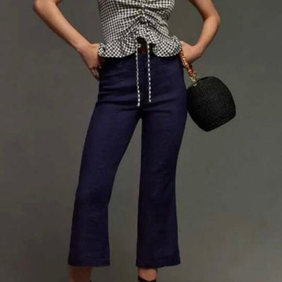 NWT Maeve Linen 70s Slim Crop Pants Navy - Picture 1 of 6